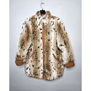 Vtg WINLIT Leather Faux Fur Jacket Womens Large Reversible Heavyweight High Neck